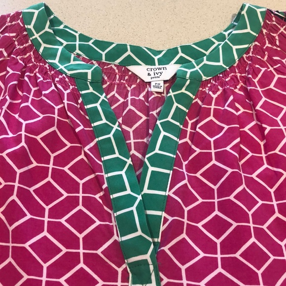 🔴 CROWN & IVY LONG SLEEVE GEOMETRIC PRINT BLOUSE PINK WHITE GREEN SIZE PS - Picture 8 of 14